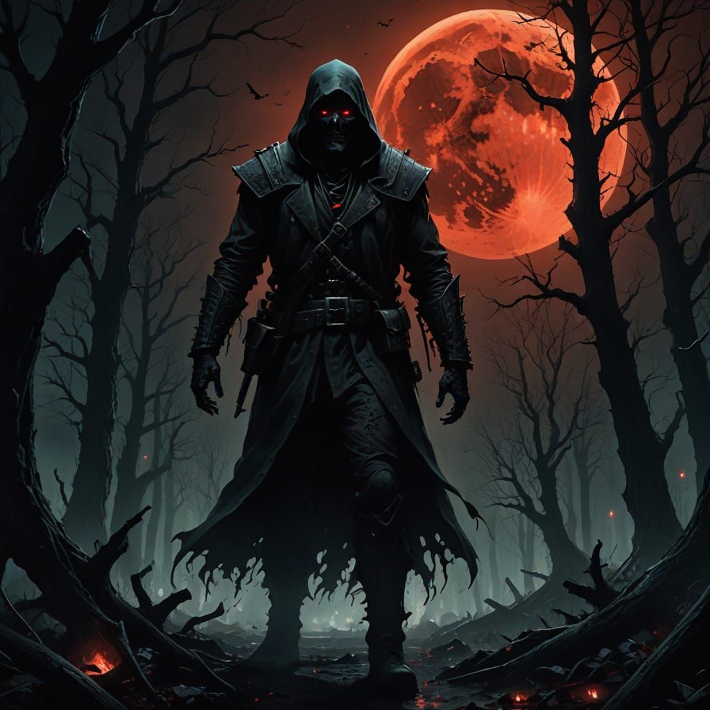 Dark Fantasy Forest Figure Under Blood Moon