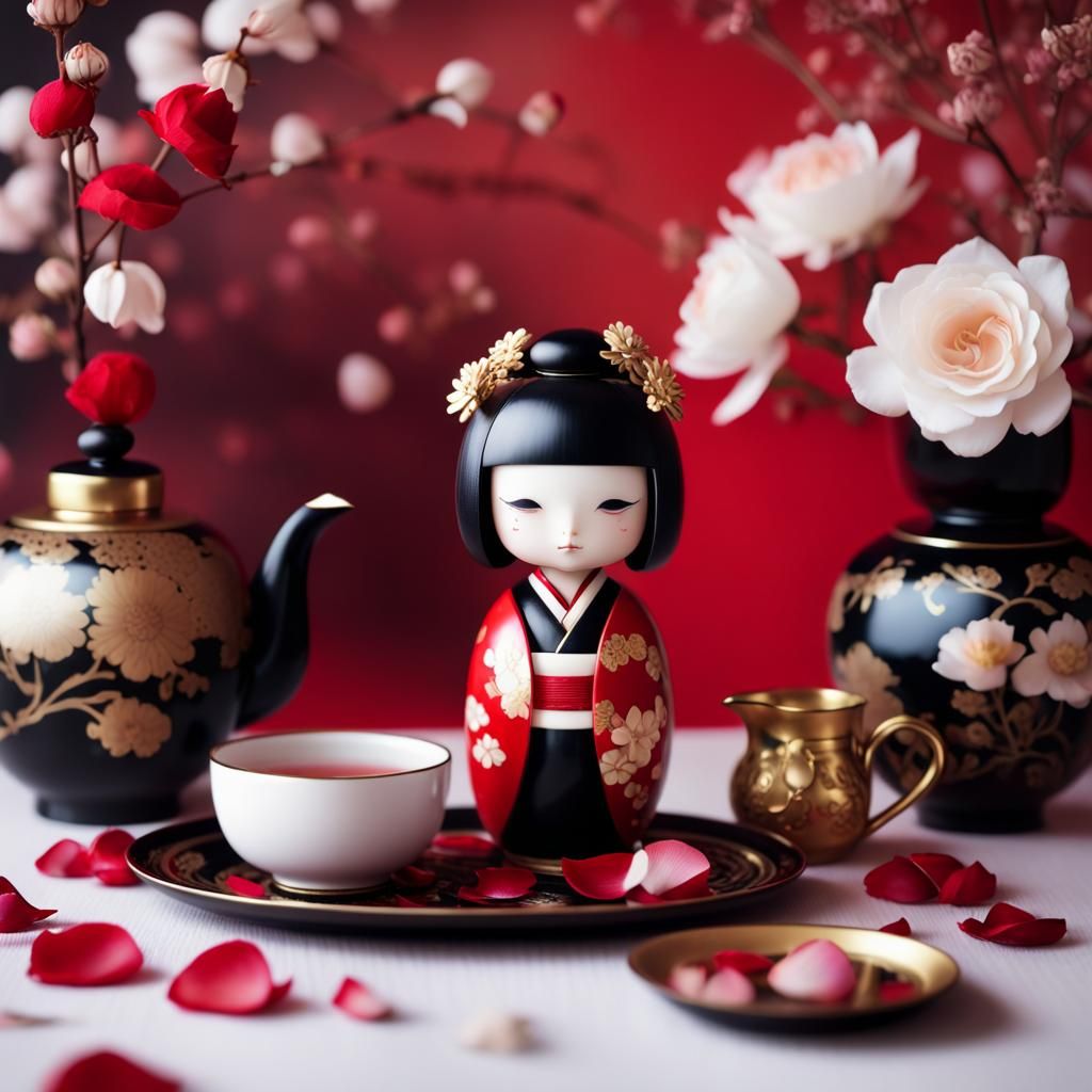 Elegant Kokeshi Doll with Tea Set in Ukiyo-e Style