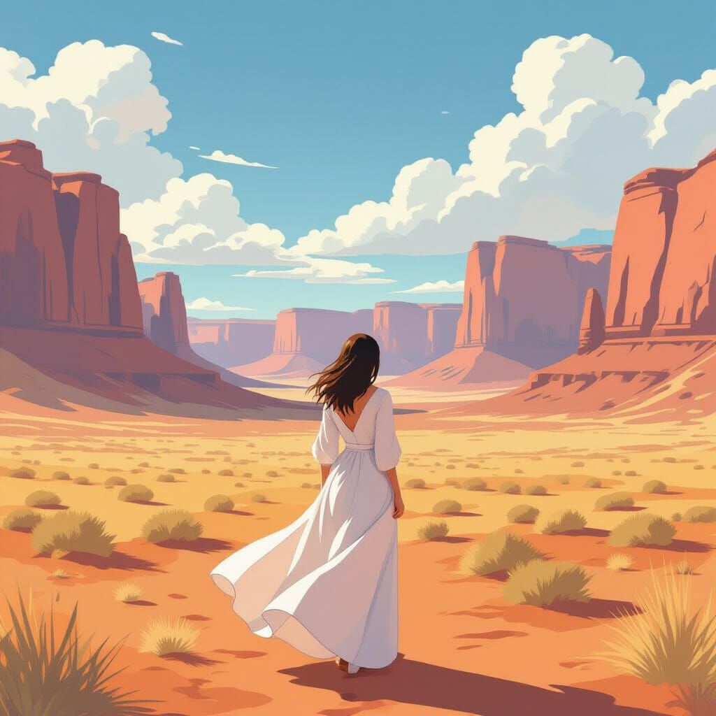 Anime Woman in Desert Canyon Landscape