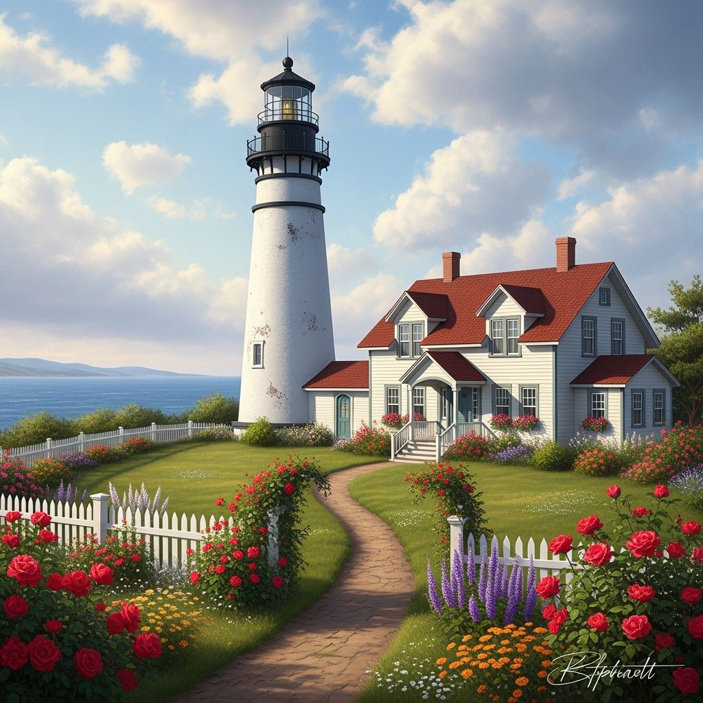 Classic Lighthouse and Coastal House Scene