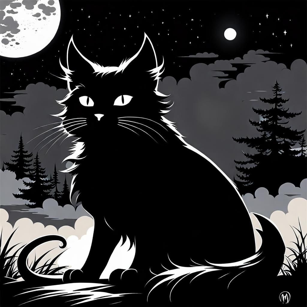 Moonlit Cat in Heavy Ink Style