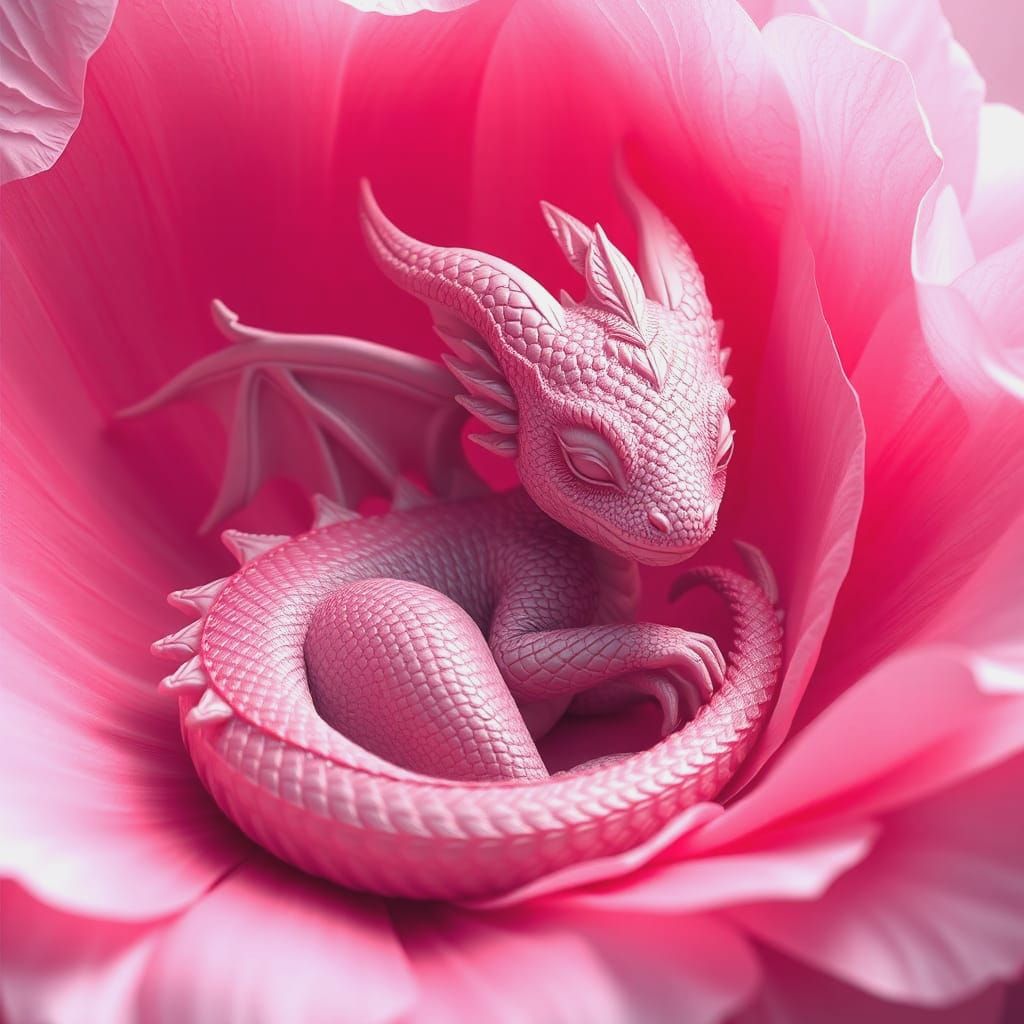 Baby Dragon Resting in a Pink Flower Garden