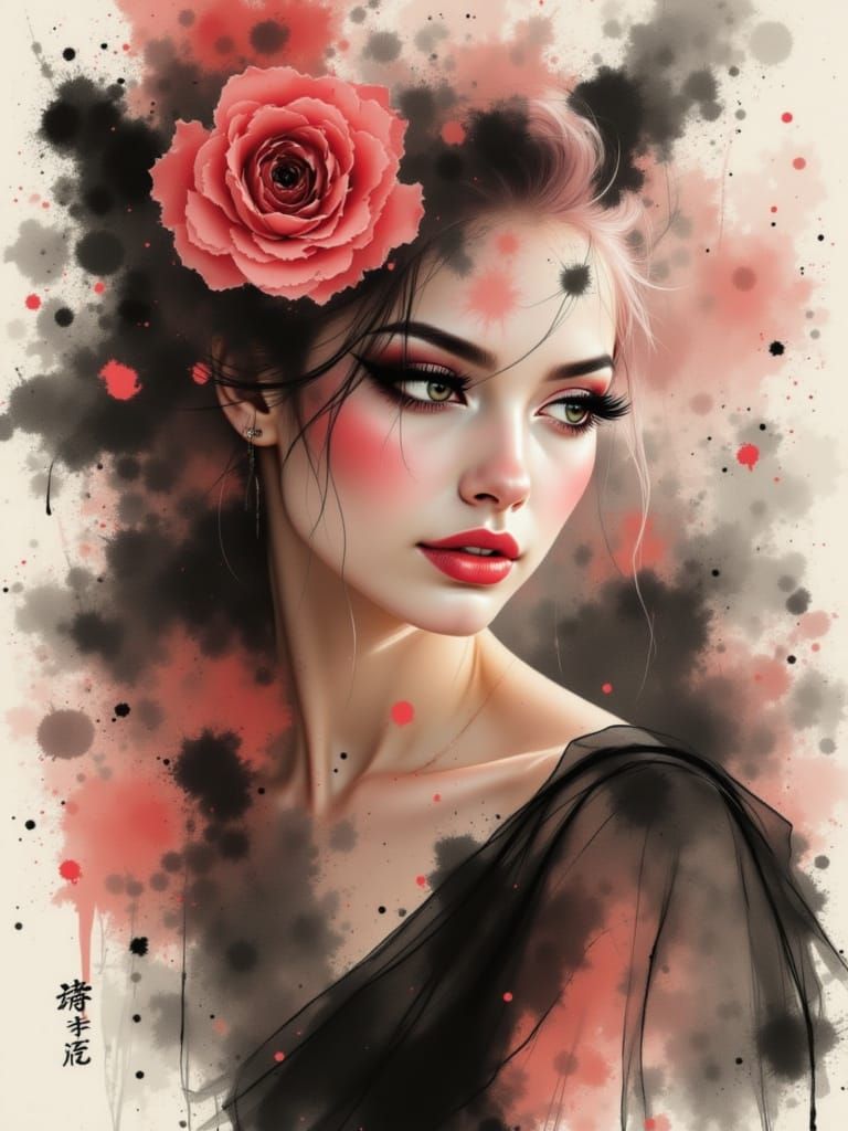 Japanese Ink Brush Art of a Serene Beauty