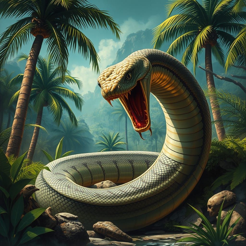 Dramatic Python in Frazetta-Inspired Oasis Scene