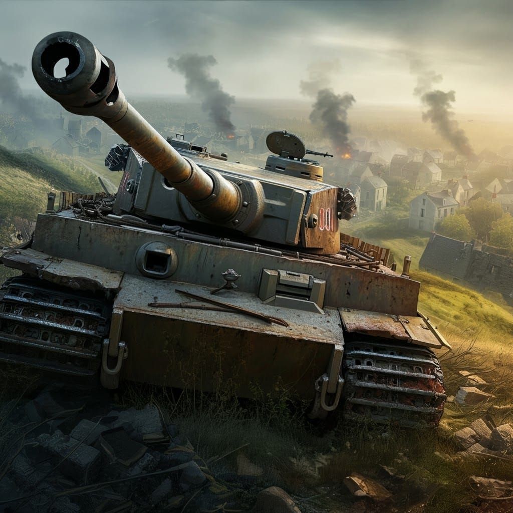 Ruined Tiger Tank in War-Torn Village