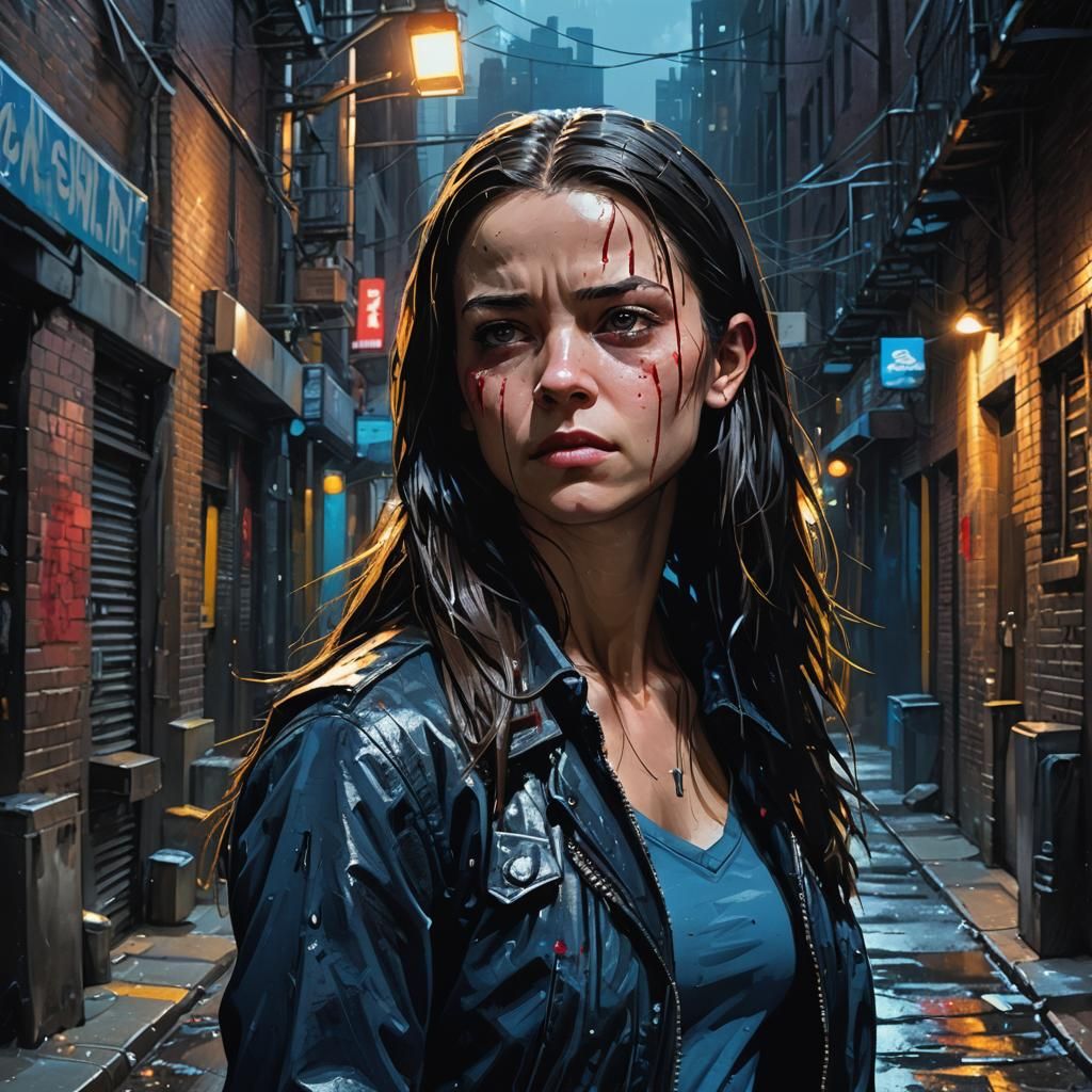 X-23 in Dark NYC Alleyway, Cinematic Portrait