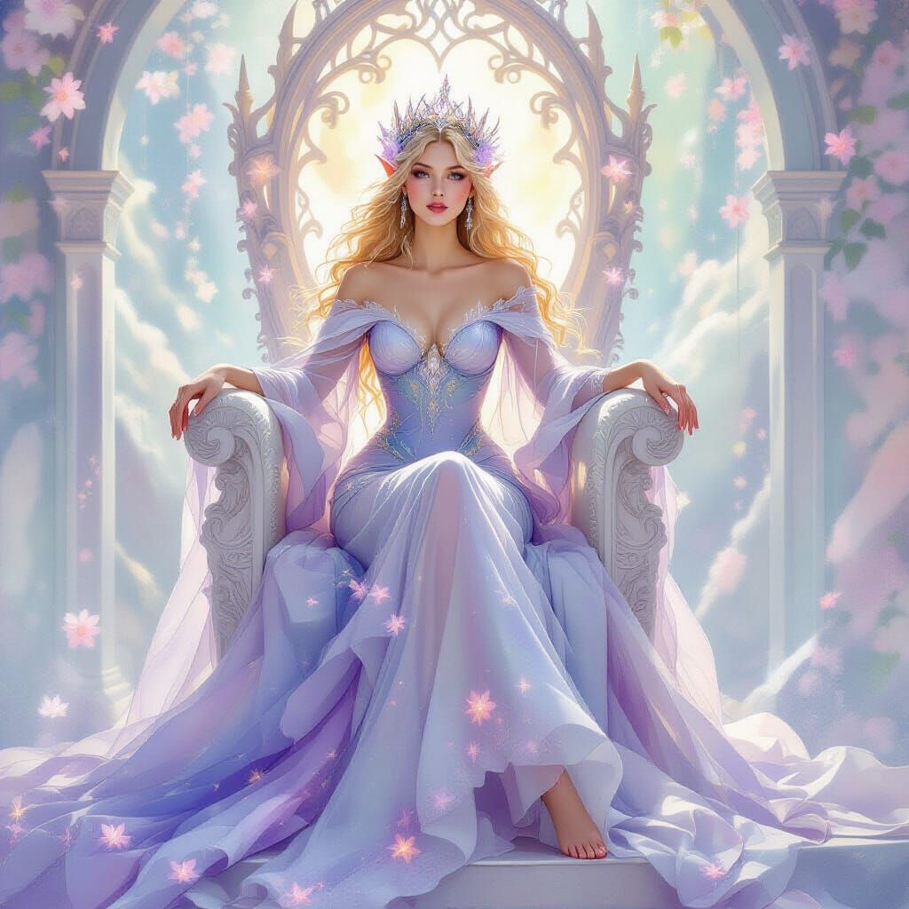 Ethereal Elven Queen on Sugar Throne in Pastel Dreamscape
