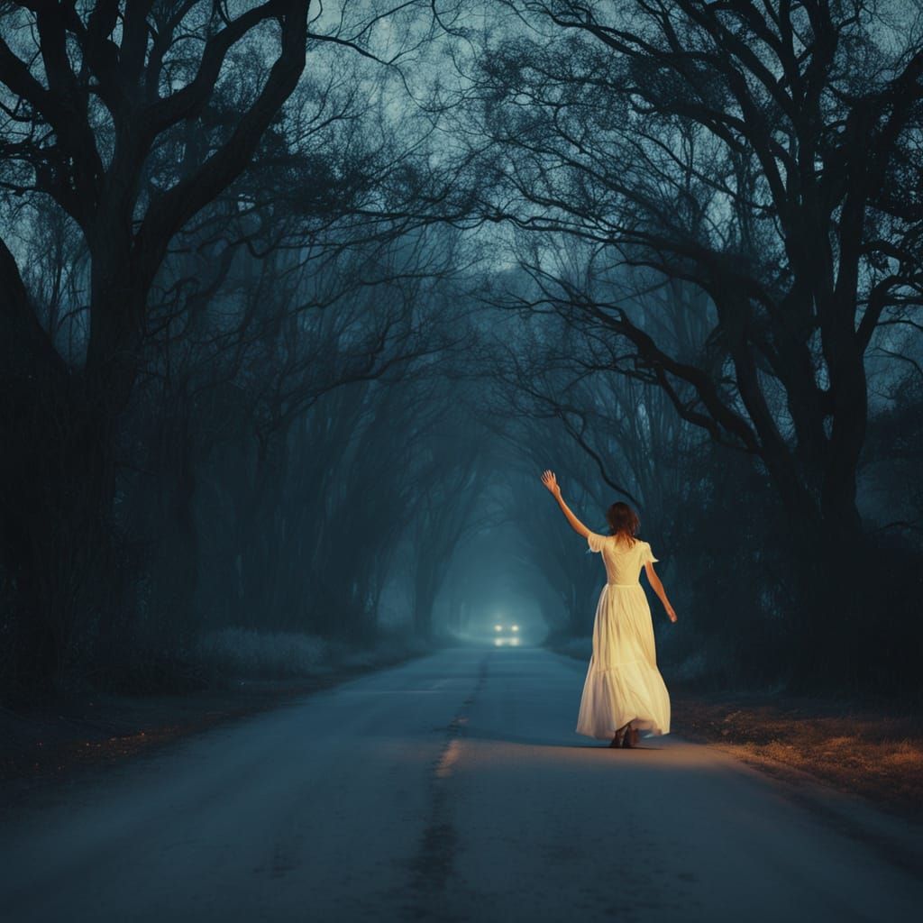 Ethereal Country Road Scene with Lone Woman and Haunting Atm...