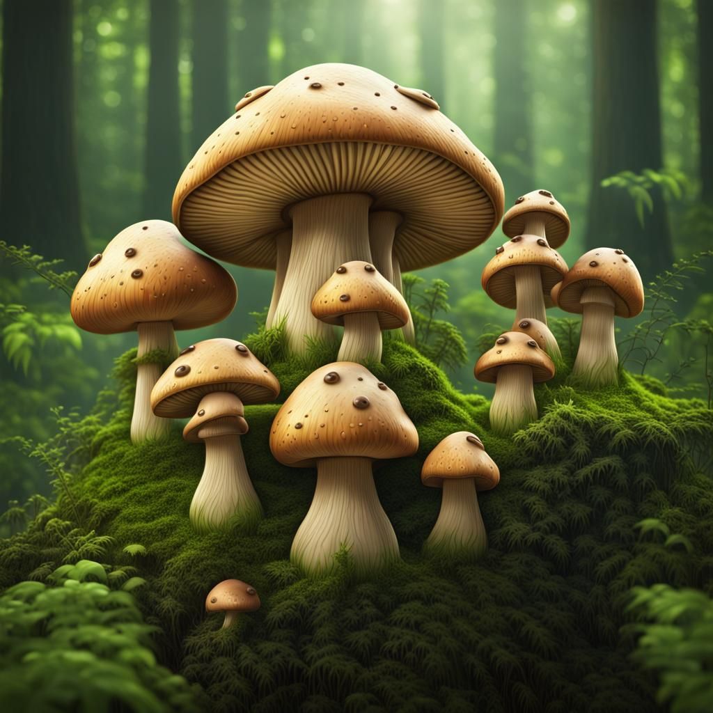 Cute Anthropomorphic Mushrooms in Lush Green Forest