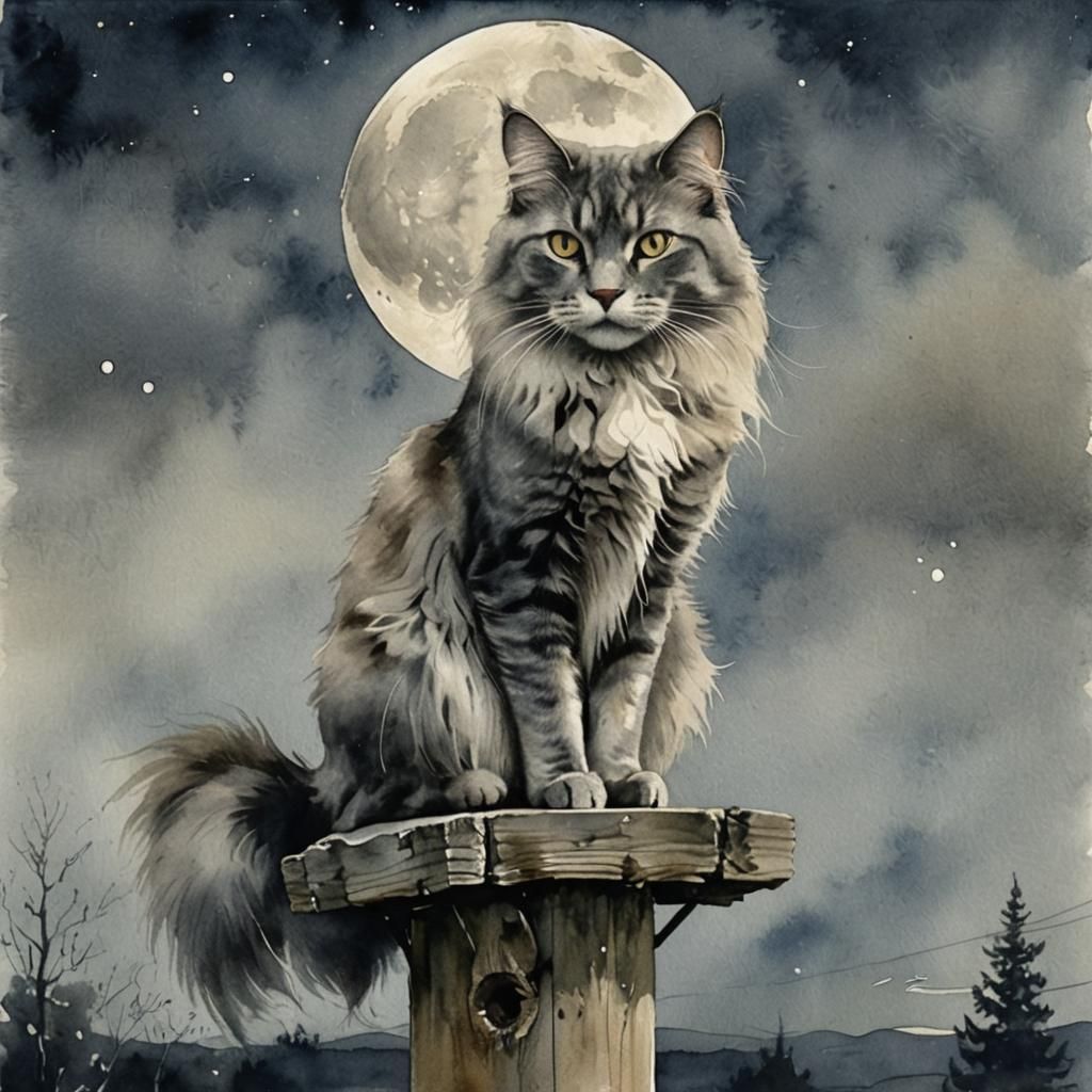 Grey Cat Under Moon in Watercolor Style