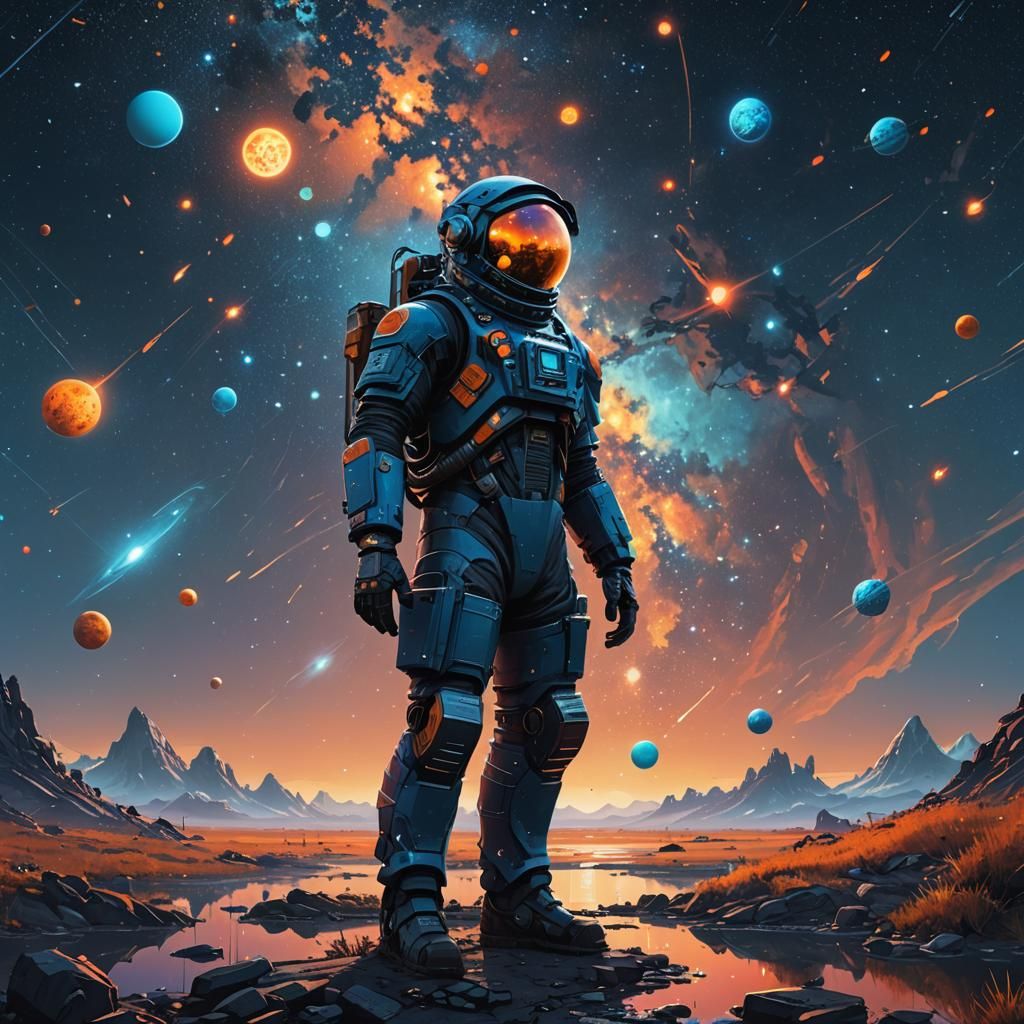 Man in Universe with Metallic Suit as Concept Art