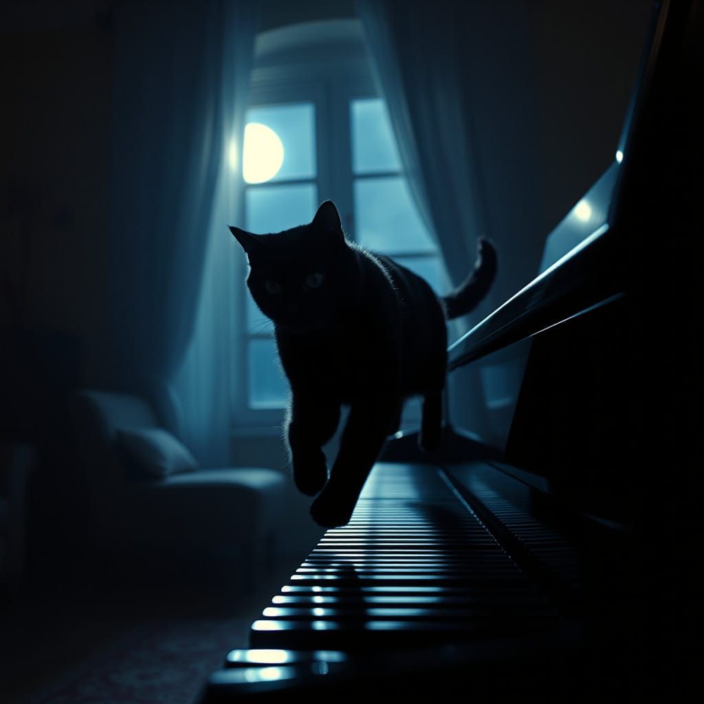 Sleek Black Cat Performs on Music Keyboard Under Moonlit Nig...