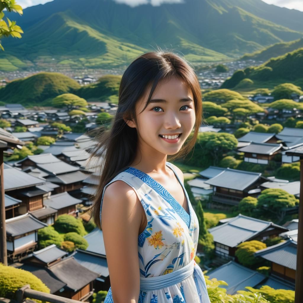 Beautiful Asian Woman Portrait with Mount Fuji Backdrop