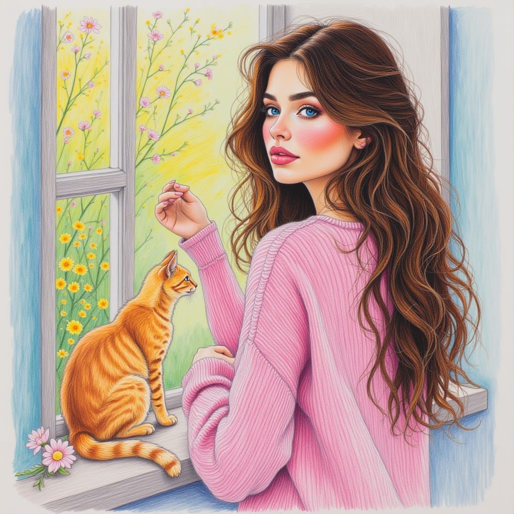 Woman Near Spring Window with Cat, Pastel Makeup