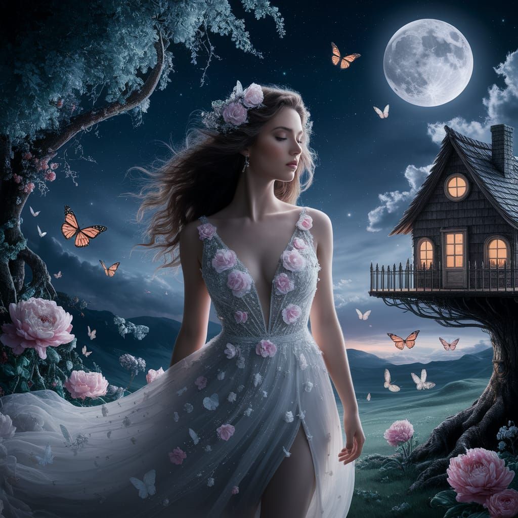 Dreamy Magic Realism Portrait Under Starry Midnight Sky