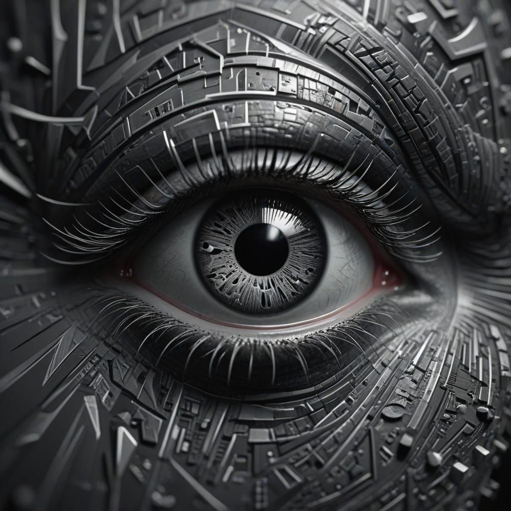 Surreal Eye Icon in Monochromatic Gray with Geometric Shapes