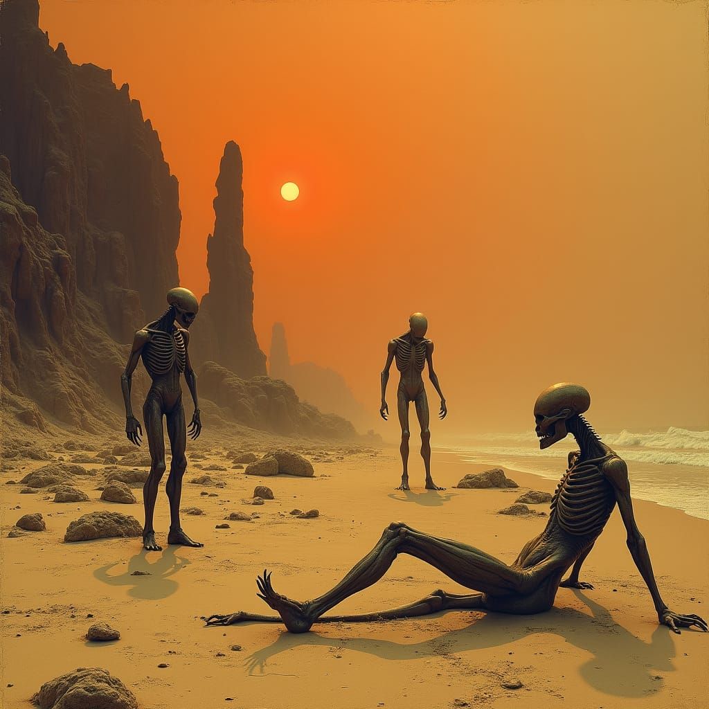 Eerie Alien Beachscape at Dusk as Dark Fantasy Art