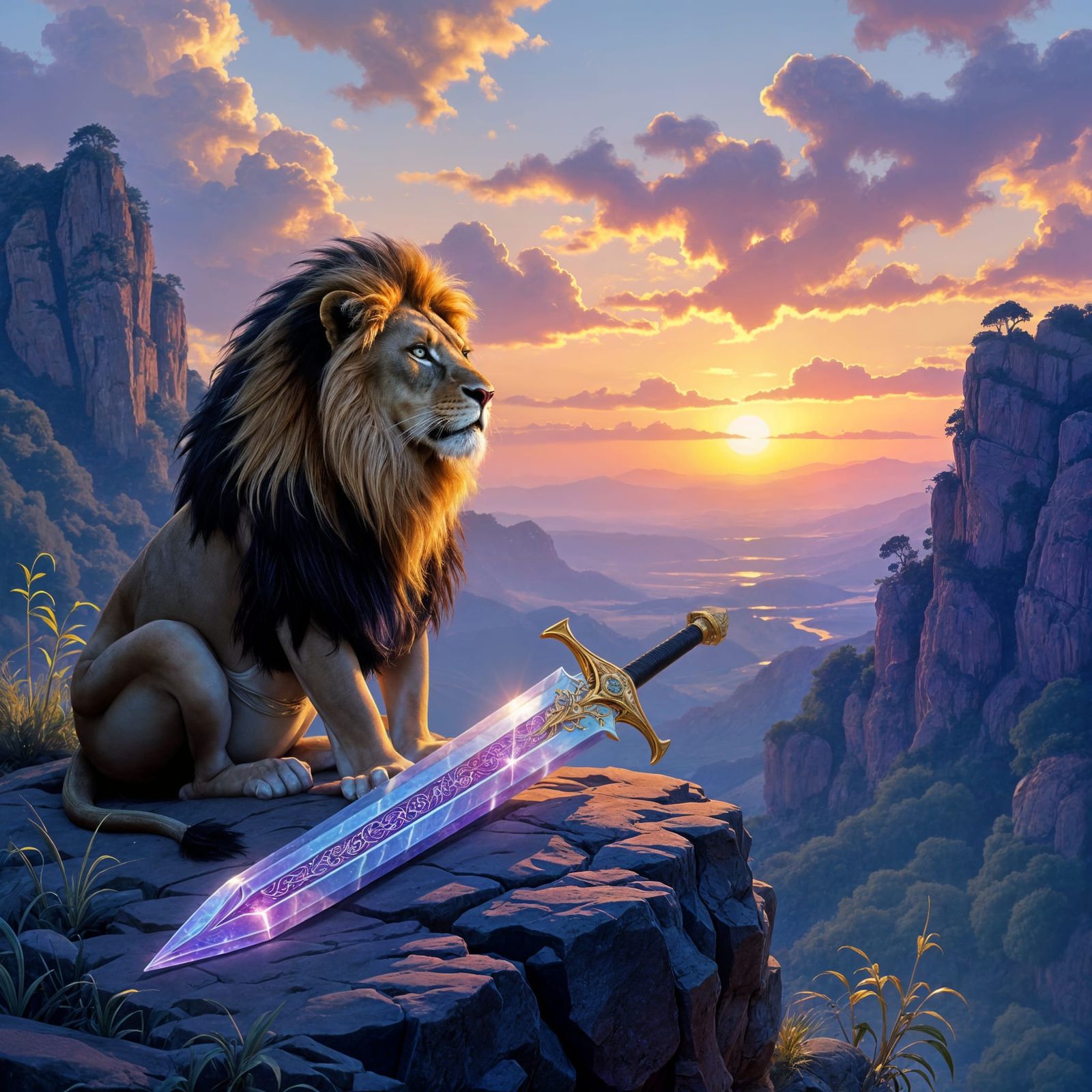 Melting Amethyst Sword Over Alien Jungle in Art Nouveau Styl...