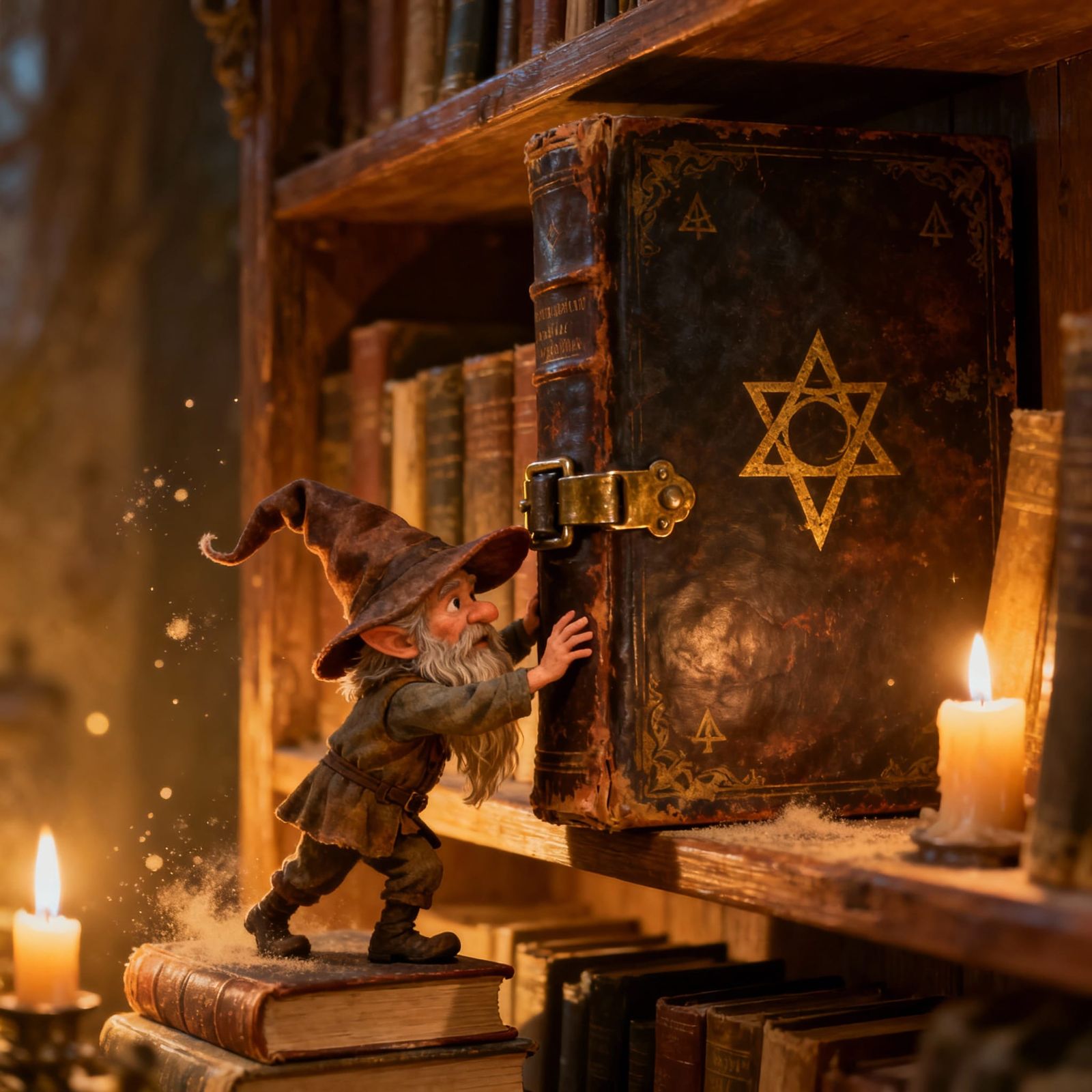 Gnome Struggles With Giant Book on Bookshelf in Fairytale St...