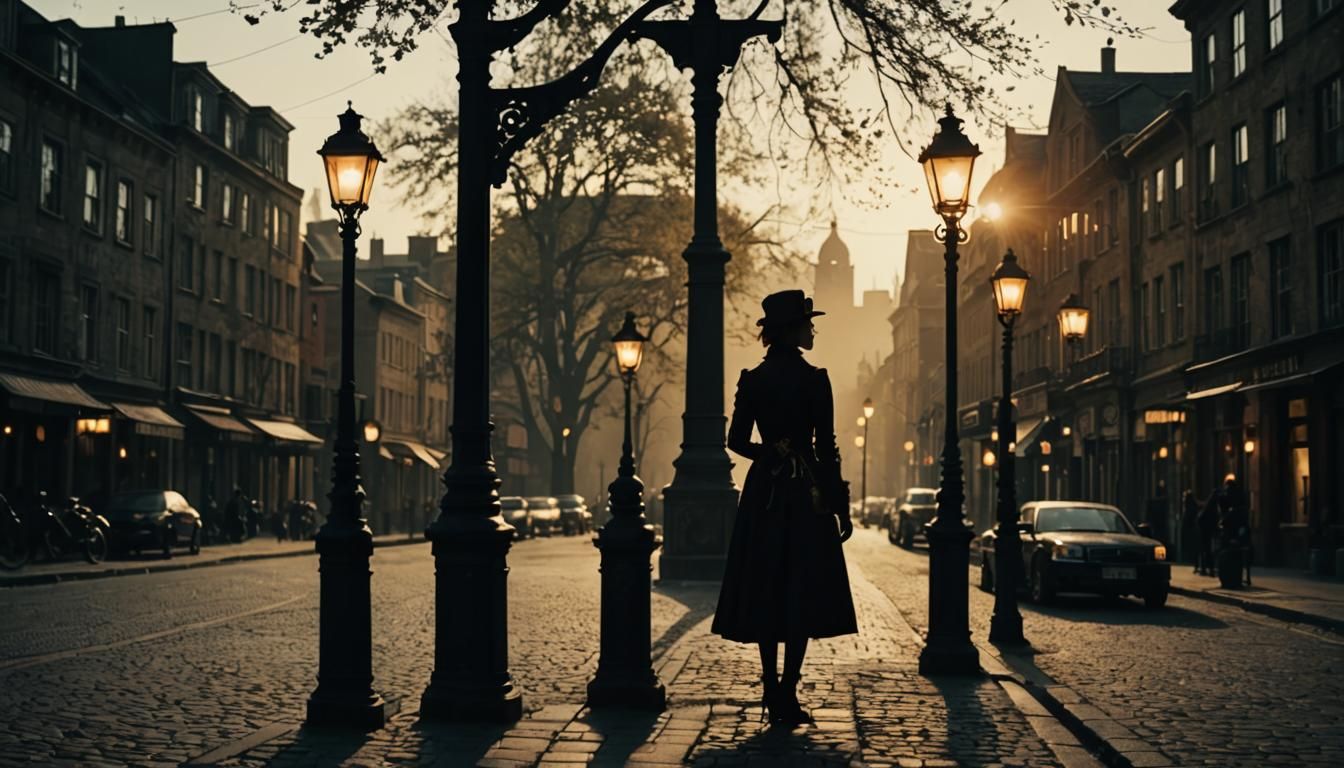 Steampunk Silhouette in Noir Cityscape