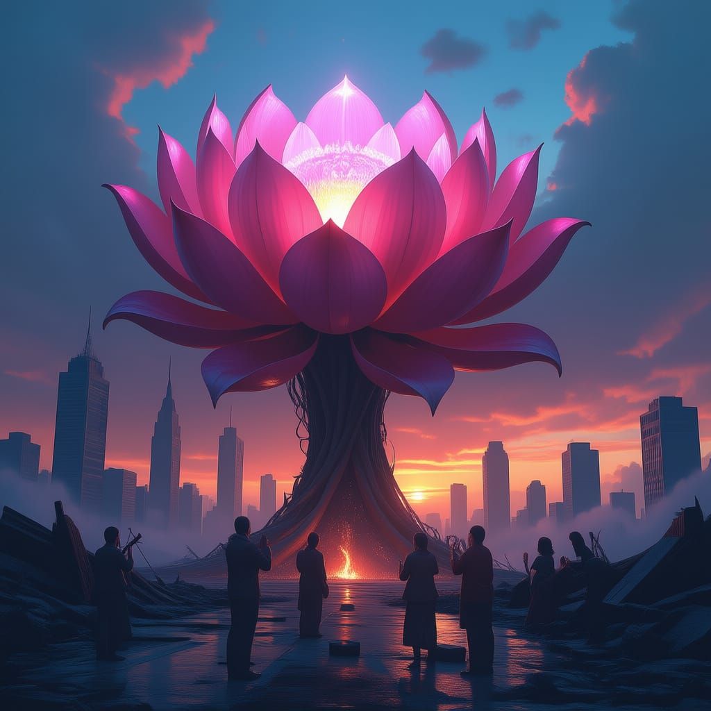 Alien Flower Blooms in Ruined Metropolis Digital Painting