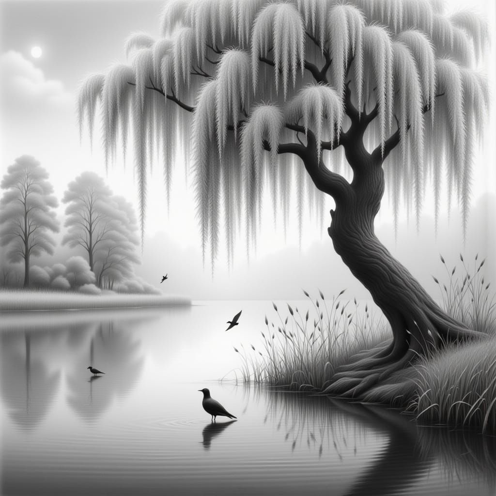 Serene Monochromatic Landscape with Weeping Willow Tree