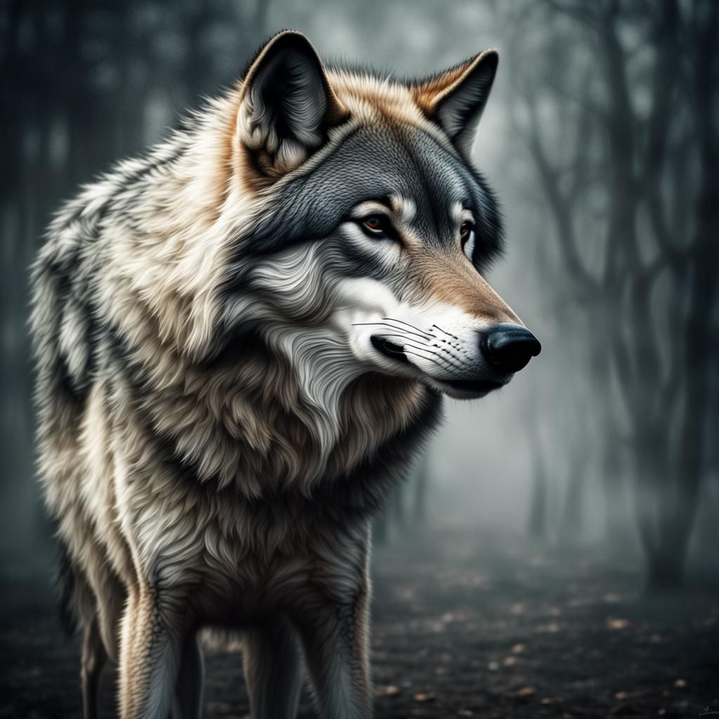 Menacing Wolf in Tulle, Hyperrealistic 64MP Photo