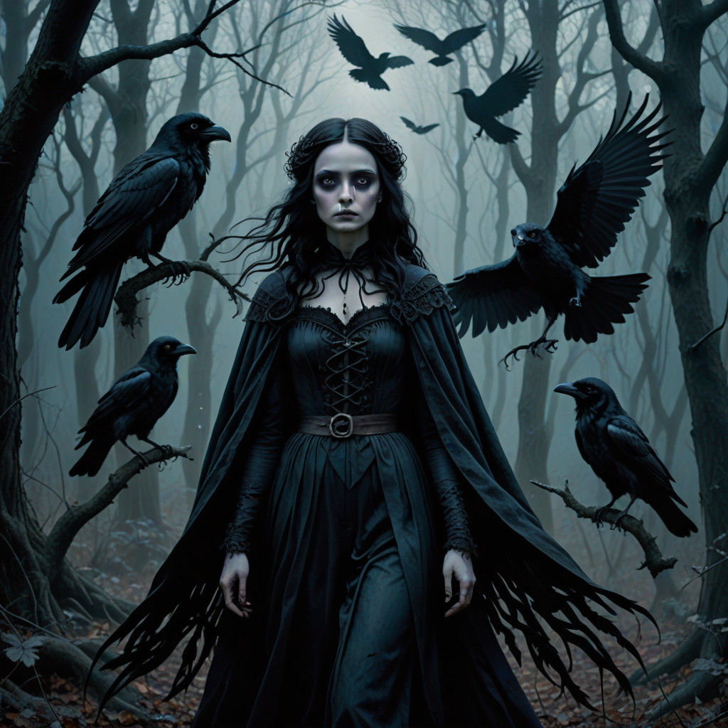 Mysterious Enchantress Surrounded by Ravens in Dark Whimsica...