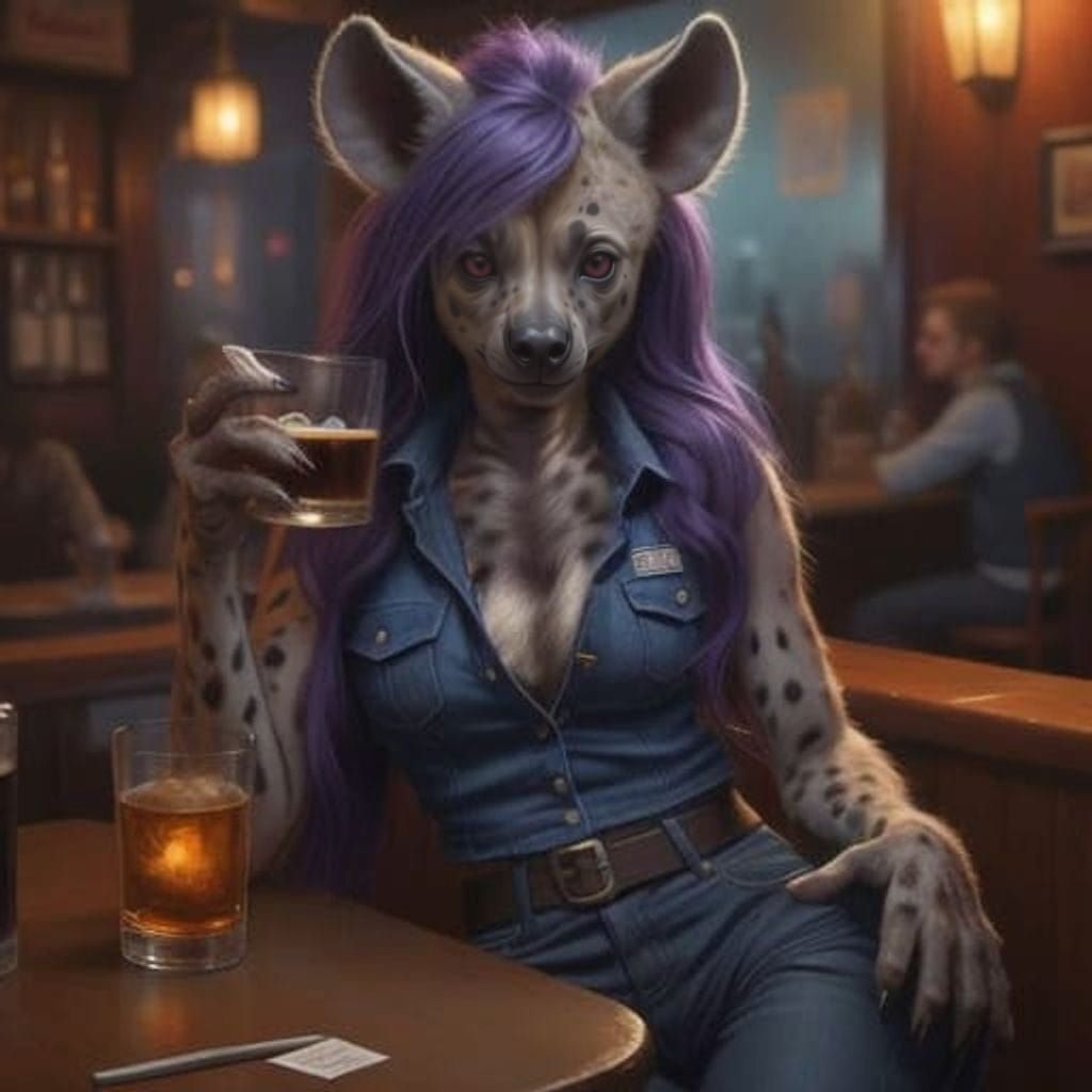 Alluring Furry Hyena Sits Flirtatiously in a Dive-Bar