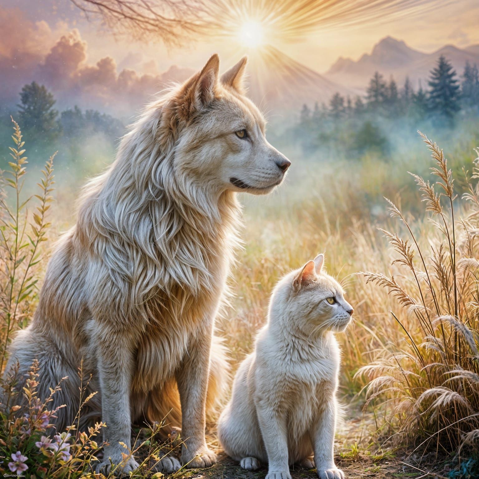 Whimsical Canine Feline Encounter in Dreamlike Impressionist...