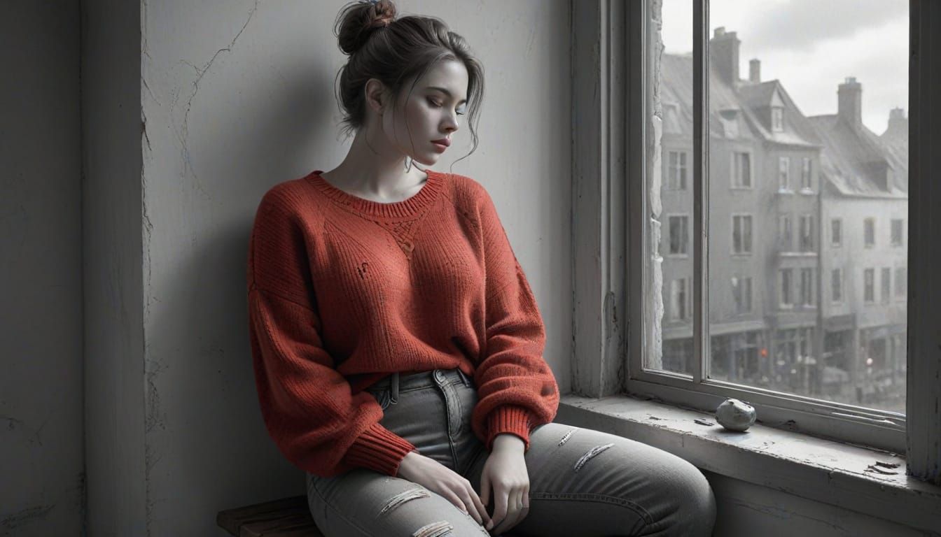 Grayscale Pencil Sketch of a Woman by Window