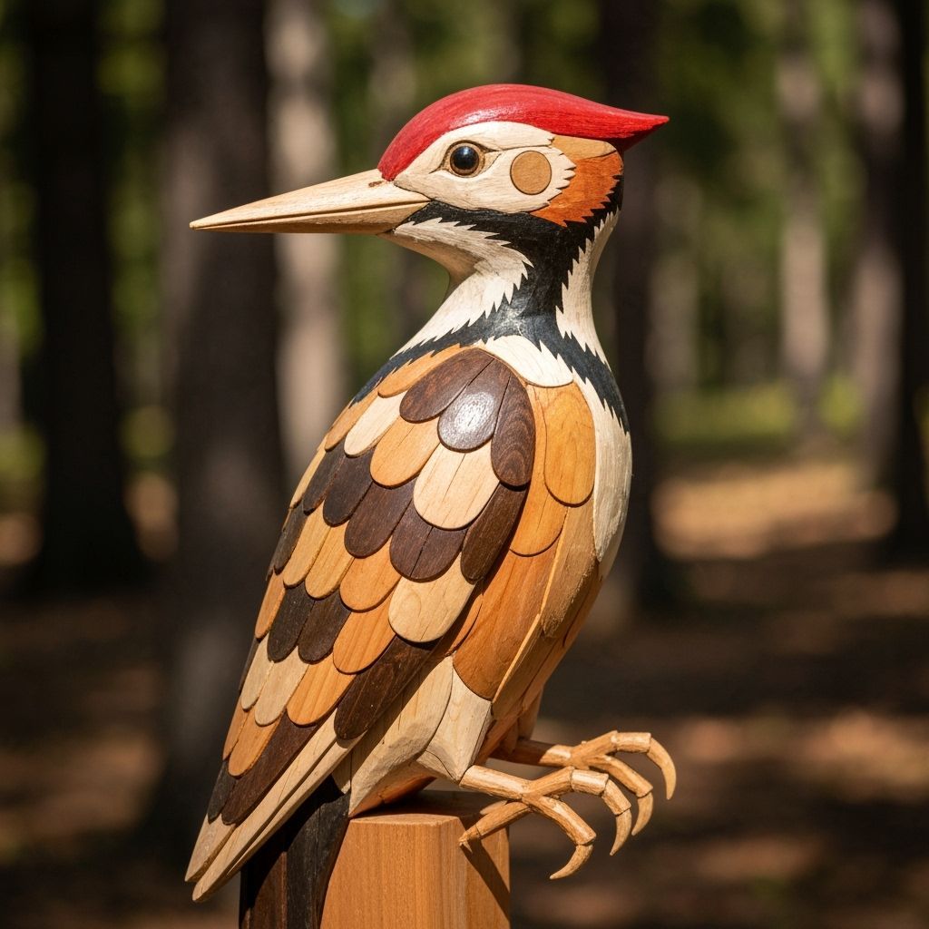 Intricate Wooden Woodpecker Statue in Forest Setting