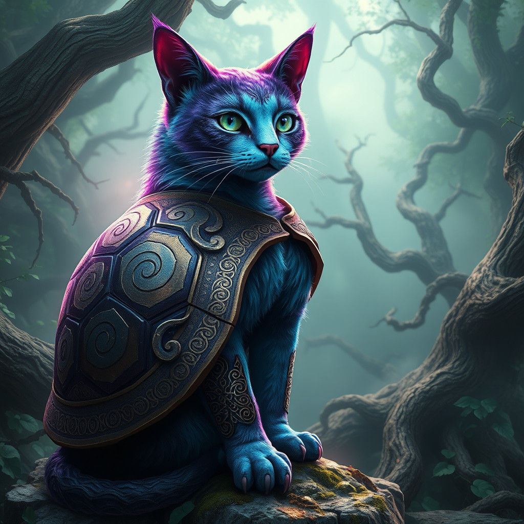 Armored Turtle Shell Cat in Mystical Forest