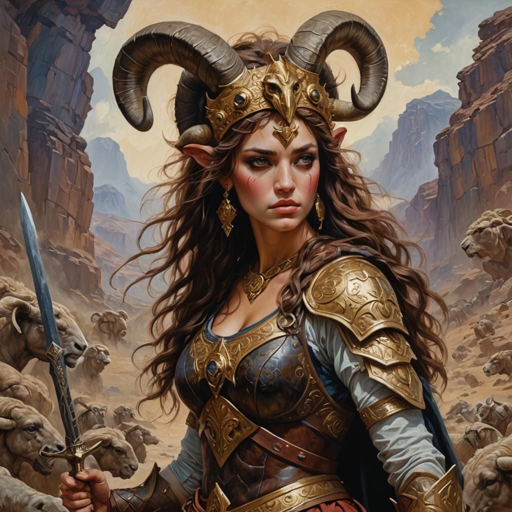 Aries Warrior Princess Beauty in Oil Painting