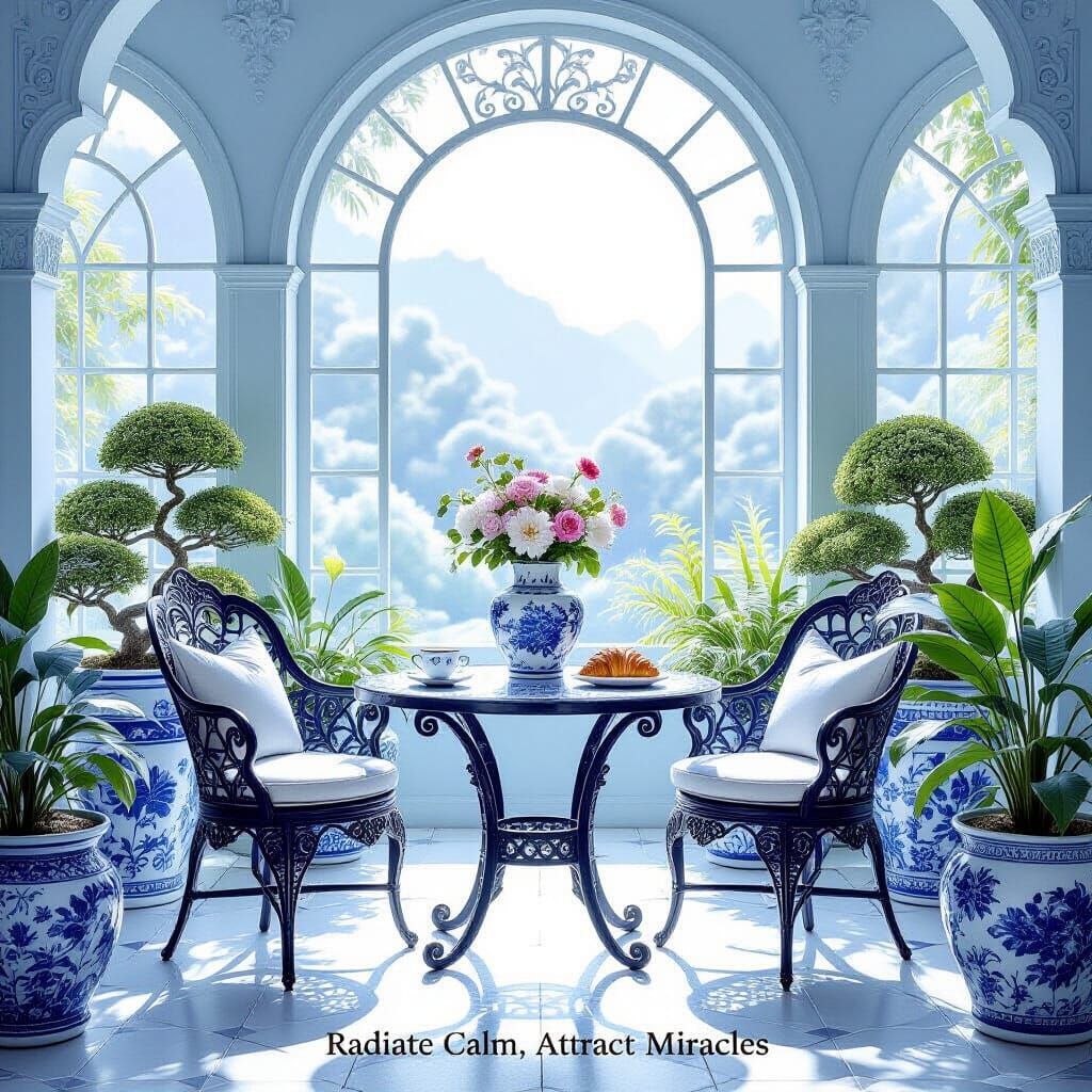 Blue and White Porcelain Style Garden Scene