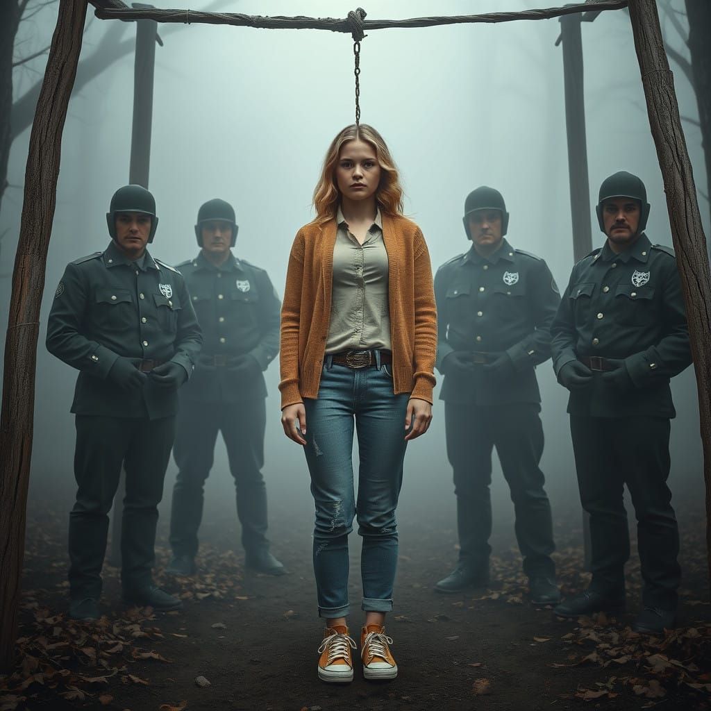 Defiant Maiden at the Gallows in a Haunting Landscape