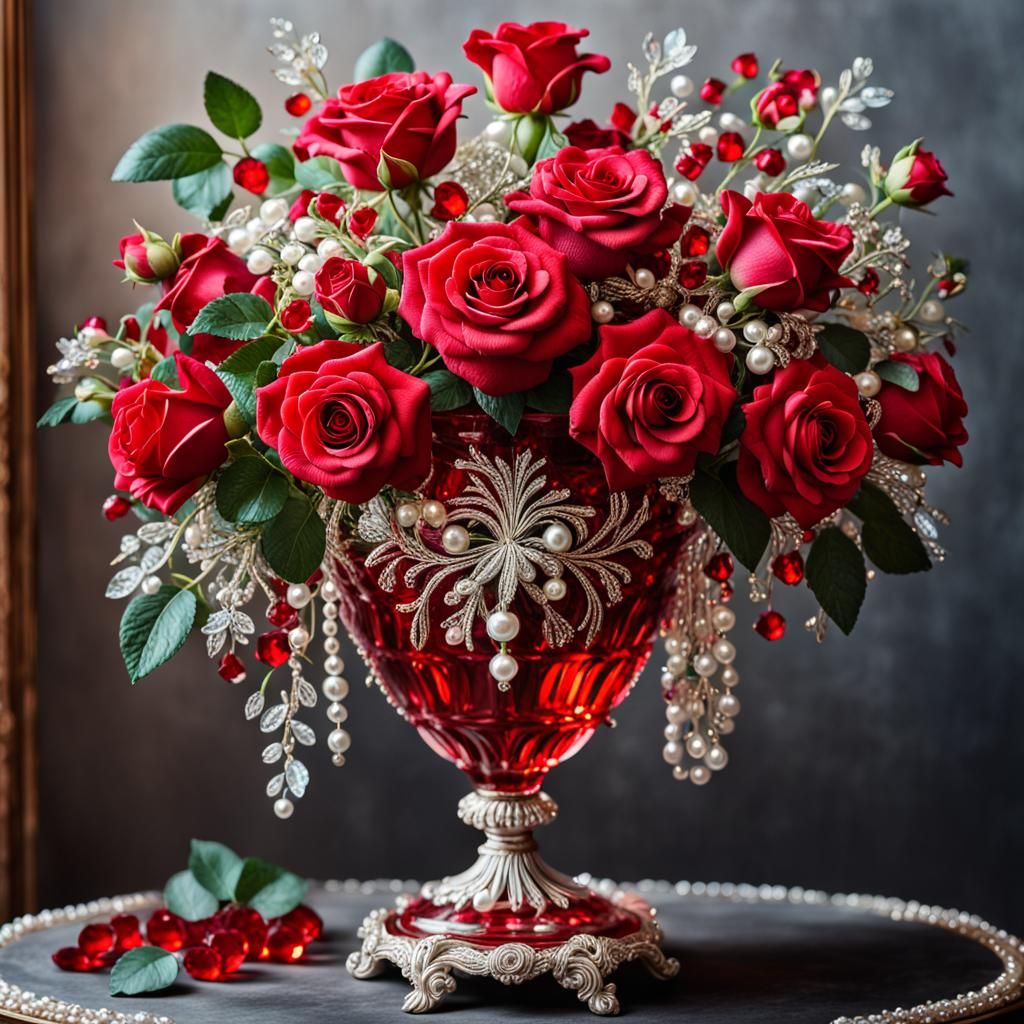 Ornate Red Vase with Roses and Jewels