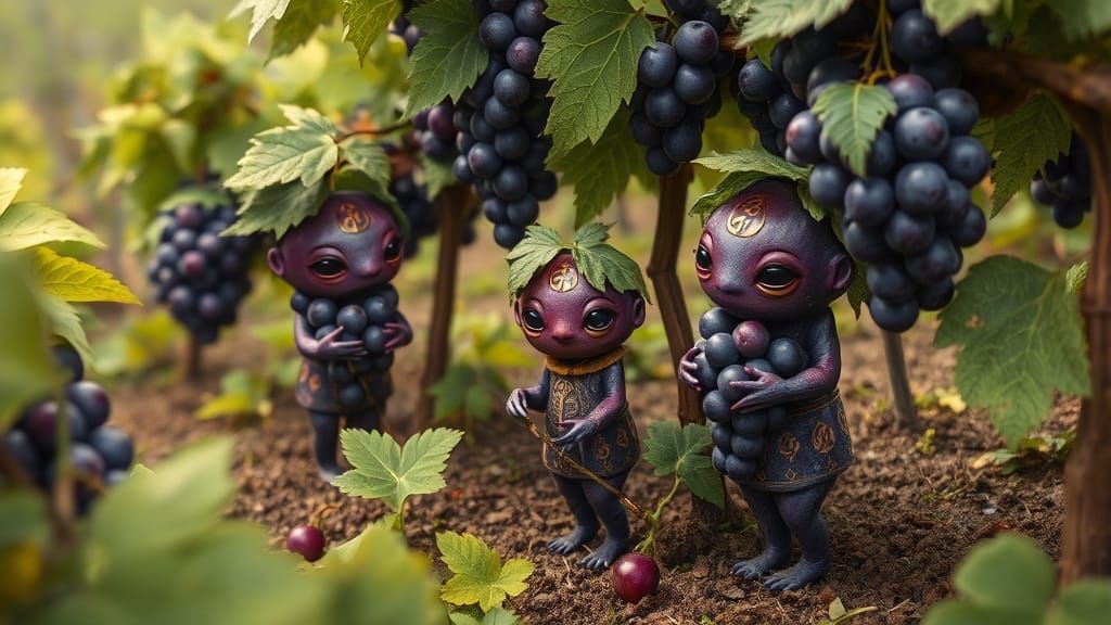 Whimsical Grape Creatures in Lush Vineyard Scene