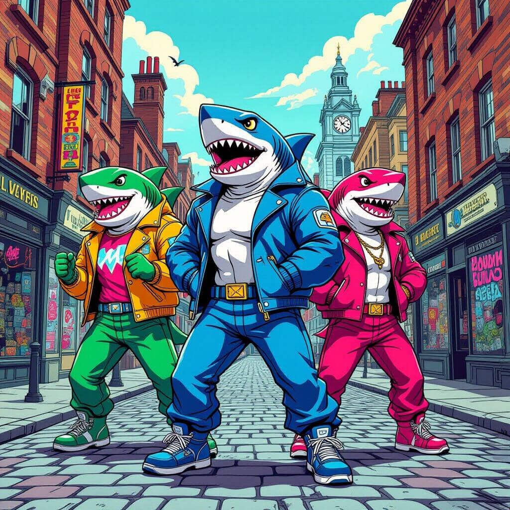 Anthropomorphic Sharks in 90s Style on Birmingham Cobbled St...