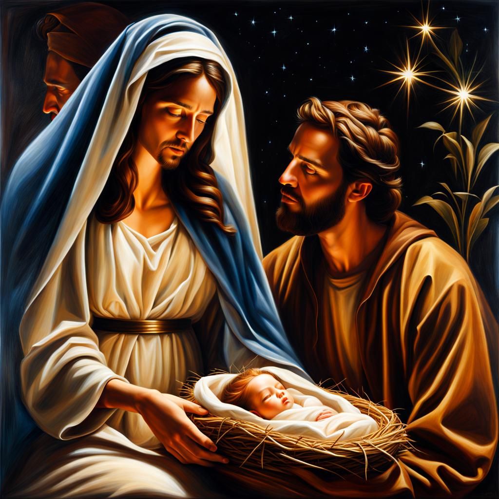 Classic Nativity Scene in Oil on Canvas