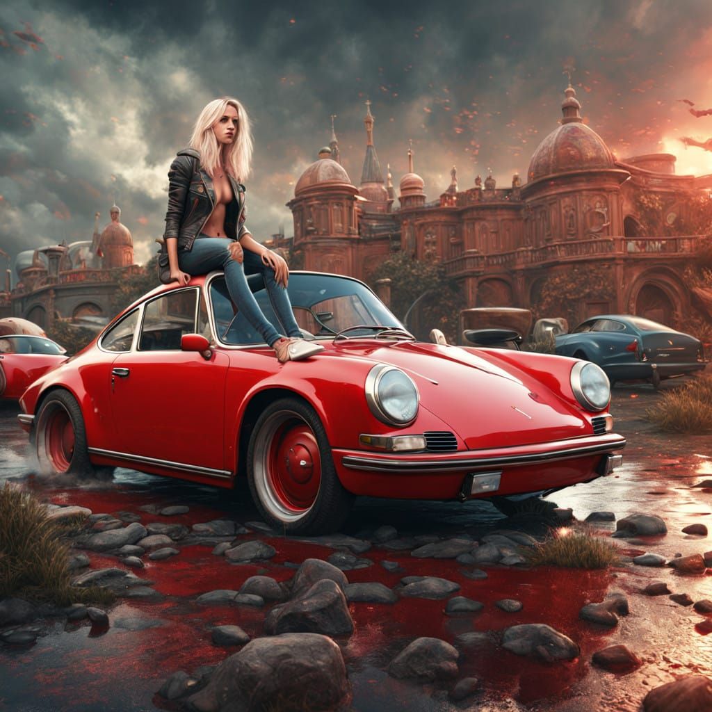 A Blonde Goddess on a Red Porsche