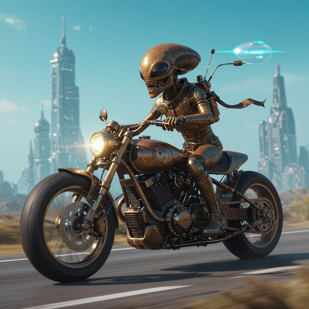Alien on Steampunk Motorbike in Sci-Fi World