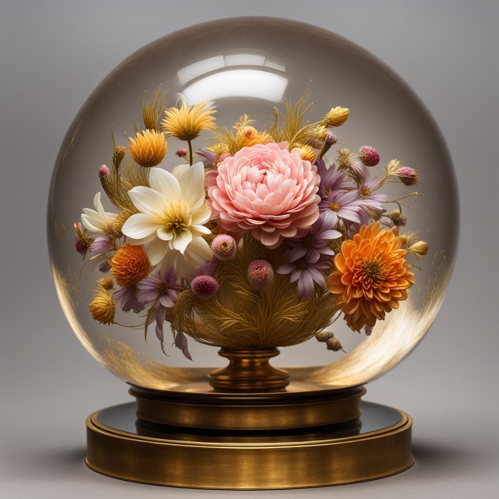 A bouquet of flowers in a transparent sphere on a gilded bronze base