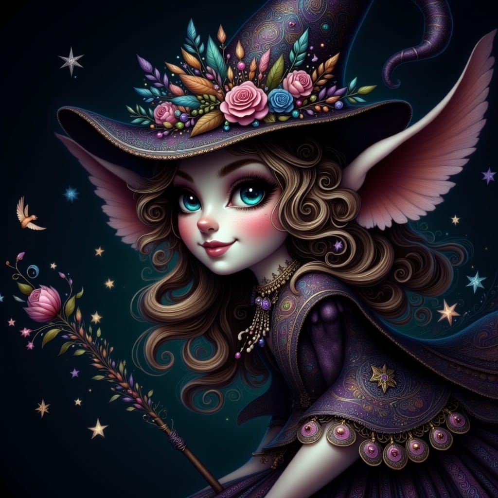 Whimsical Dark Forest Witch Portrait