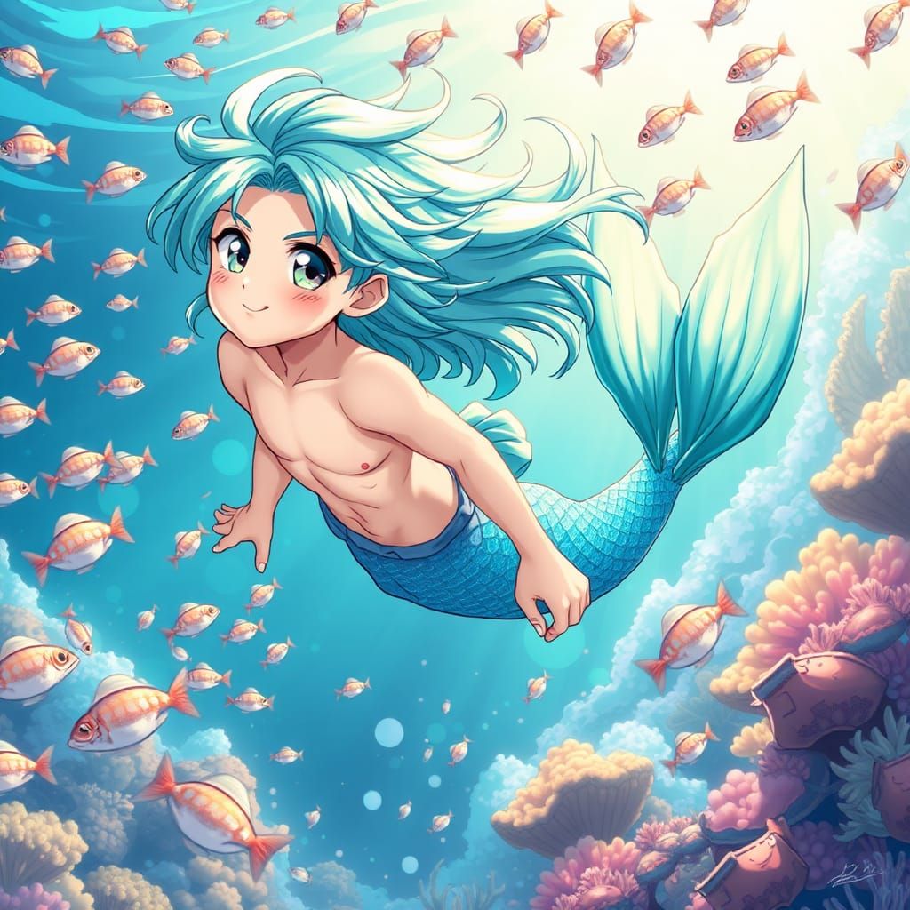 Anime Mermaid Boy in Sunlit Coral Reef