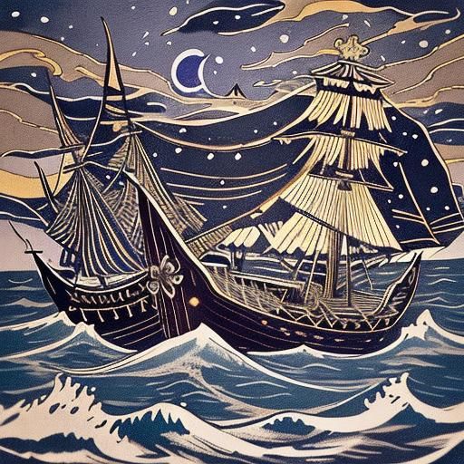 Viking Longship at Night in Vivid Colors