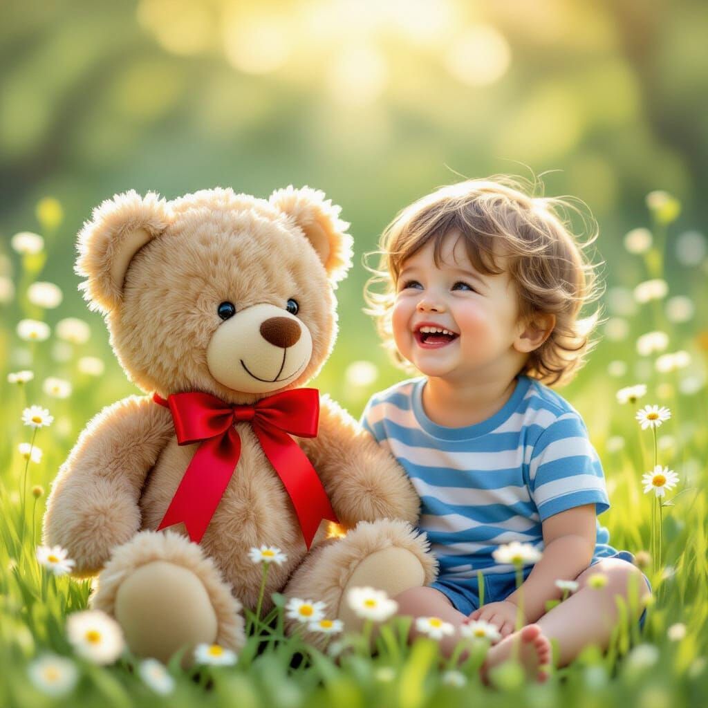 Teddy Bear and Child in Sunlit Meadow, Storybook Style