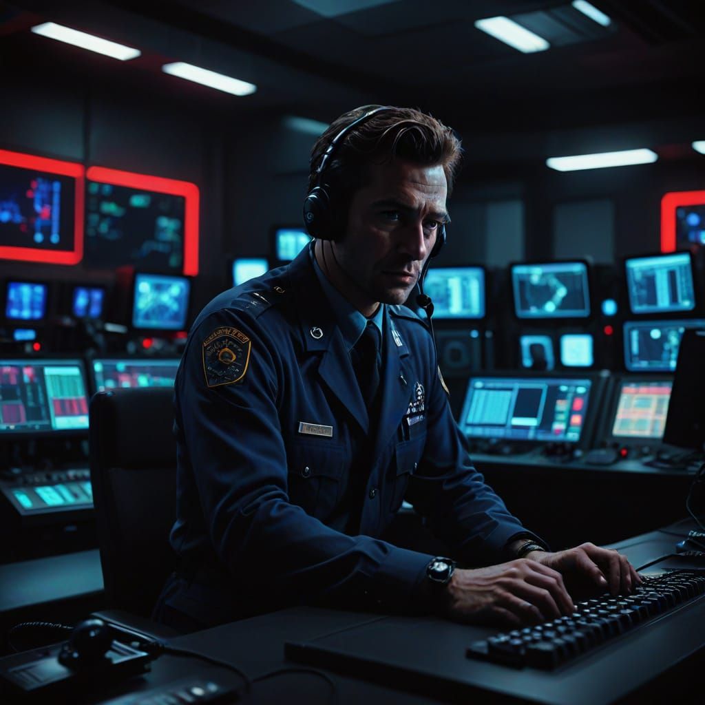 Moody Neon Noir Control Room Scene