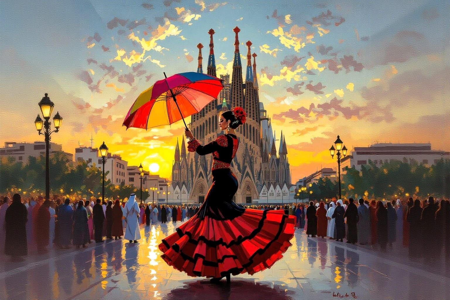 Flamenco Dancer at La Sagrada Familia at Sunset