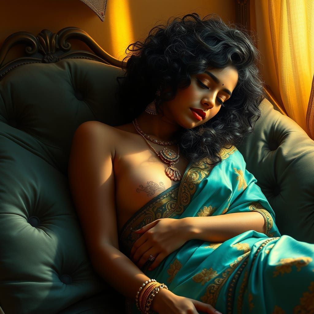 Serene Indian Woman in Golden Light: Matte Painting